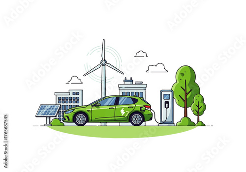 Eco-friendly electric car at a charging station powered by renewable energy sources like wind turbines and solar panels in a cityscape