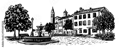 european old town square with fountain hand drawn sketch