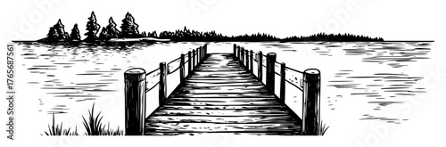 wooden pier on a calm lake landscape sketch