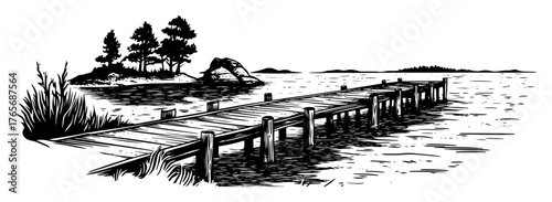 old wooden pier on a lake sketch vector illustration