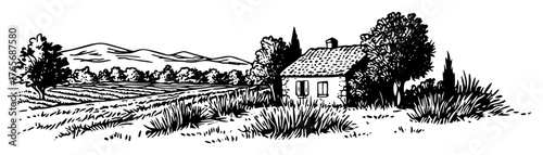 provence rural landscape with old house and fields sketch