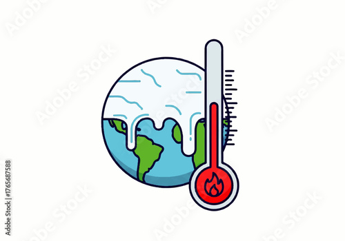 Global Warming Illustration Earth with Melting Ice and Thermometer