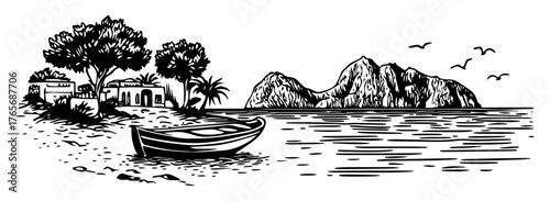 coastal mediterranean village with boat and sea cliffs