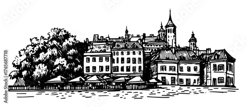 historic european riverside town architecture panorama