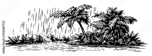 tropical rainstorm on a jungle island with palm trees sketch