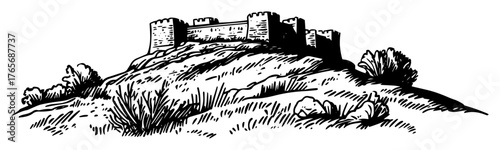 hilltop stone fortress ruins landscape illustration