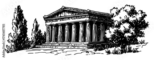 ancient greek temple with tall columns hand drawn illustration
