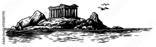 greek island cliff temple ruins over sea illustration