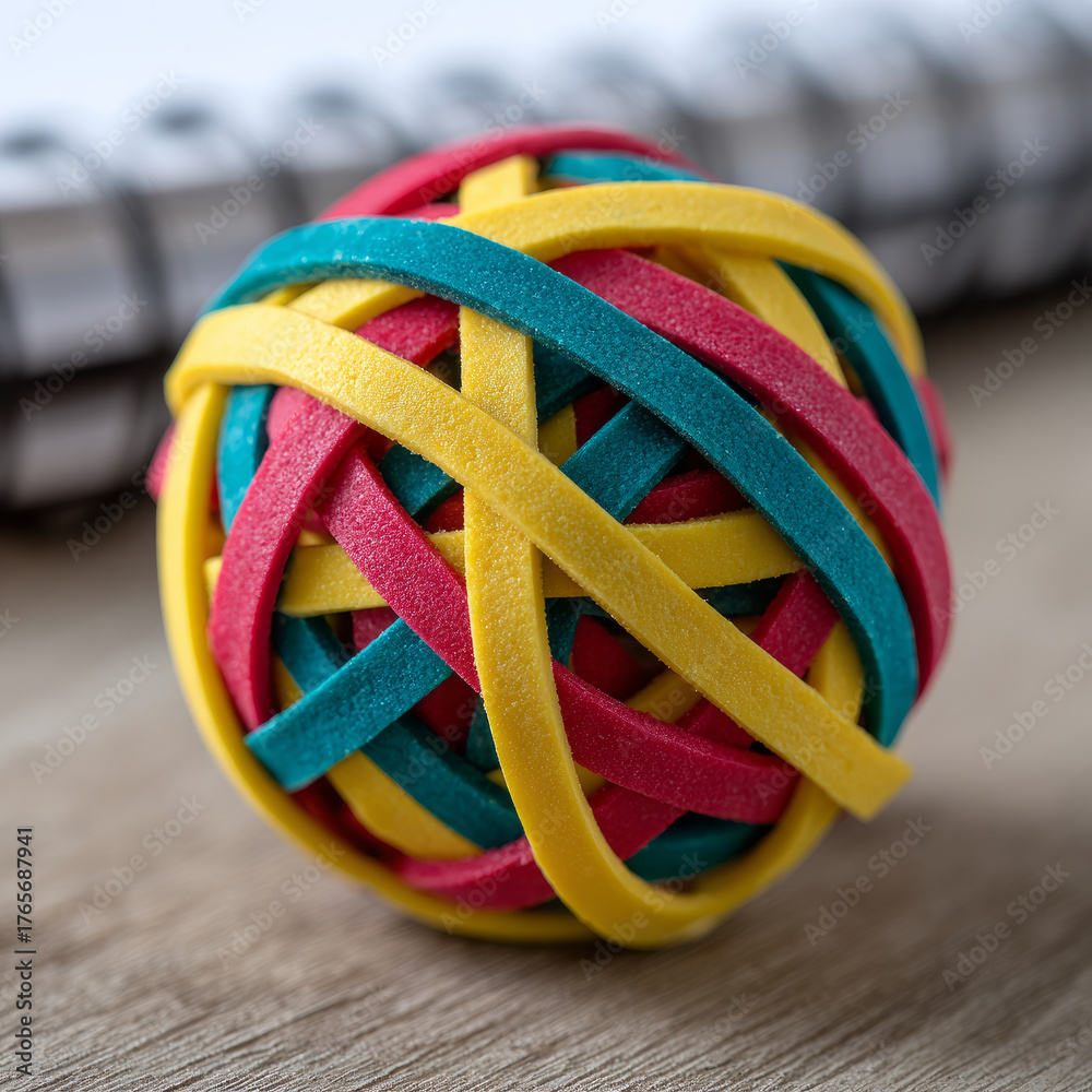 custom made wallpaper toronto digitalColorful rubber band ball on a wooden desk with a notebook.