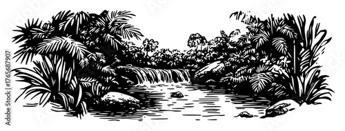 tropical jungle creek with dense foliage illustration