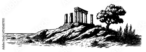 ancient coastal cliff temple ruins illustration