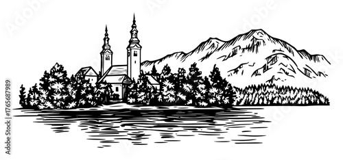 mountain lake church with twin spires landscape illustration