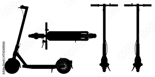Black electric scooter silhouette with white handlebar and attached battery. This modern design showcases eco-friendly urban transportation powered by electricity.