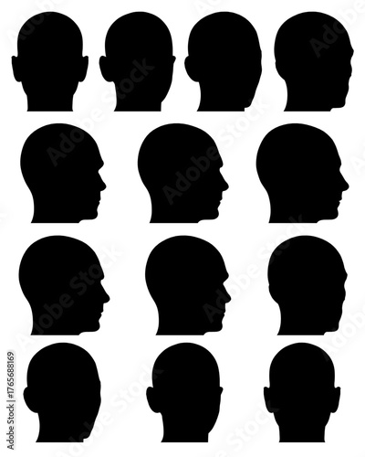 A realistic set of black male head silhouettes arranged in a uniform grid on a white background. Each character faces the same direction with clearly defined facial details.