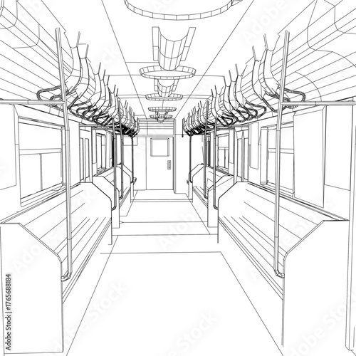 A black and white contour drawing of a subway interior, featuring detailed rows of seats, vertical poles, and a sliding door.