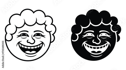 Vector art of joyful cartoon face with a wide smile a cheerful character with curly hair expressing happiness and positive emotions
