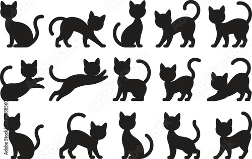 Halloween Cat Icon Set - Spooky Black Cat Vector Illustration Isolate on White Background 
