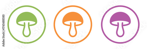 Three colorful mushroom icons in circles green orange and purple for nature and food designs