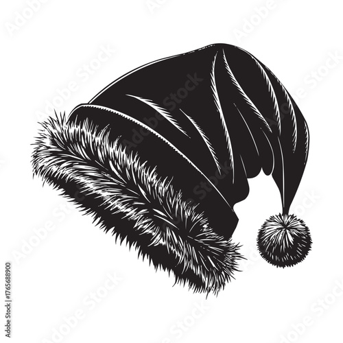 Black and White Santa Hat Vector Illustration. Stylish black and white vector illustration of a Santa hat with fluffy fur trim and pom-pom. Perfect for Christmas