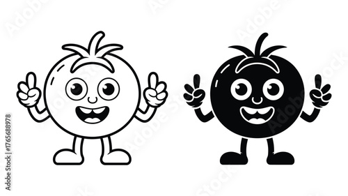 Vector art of cheerful tomato character showing peace sign in outline and silhouette style funny fruit mascot with happy face and hands