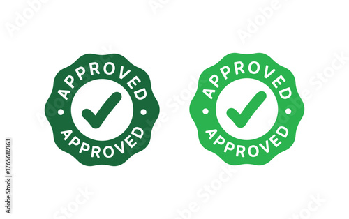 Approved Seal Collection a pair of minimalist, green 'Approved' seals with a check mark emblem on a light background, symbolizing validation and endorsement. These seals represent approval.