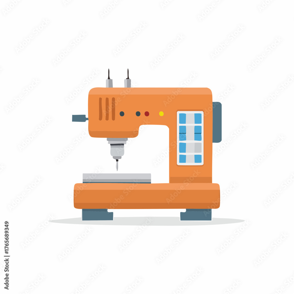 Fototapeta premium Orange sewing machine with needle and thread spools for textile craft and fashion design illustration
