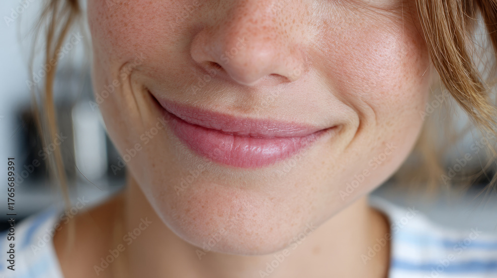 Fototapeta premium Close-up of a woman's smiling face with freckles.