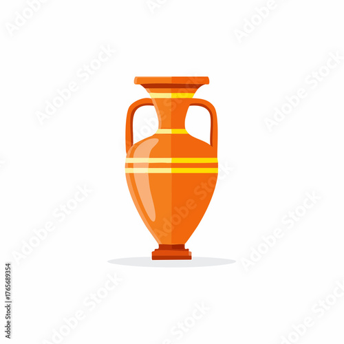 Elegant orange amphora with yellow bands isolated on white background, ancient Greek pottery vessel, illustration