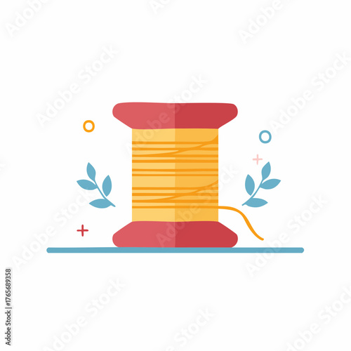 Flat design icon of a vibrant yellow thread spool on a red bobbin for sewing and crafting projects.