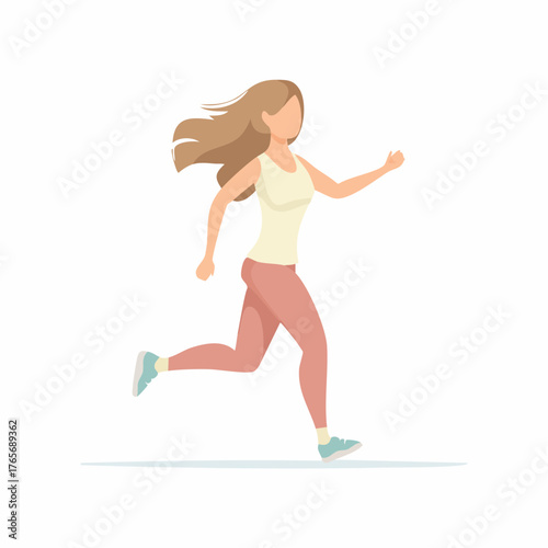 Woman running with windblown hair in athletic attire, active lifestyle illustration
