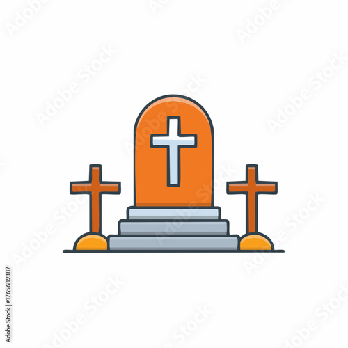 Illustration of Gravestone and Crosses, Cemetery Tombstone with Christian Symbols for Religious Beliefs and Funeral Concept