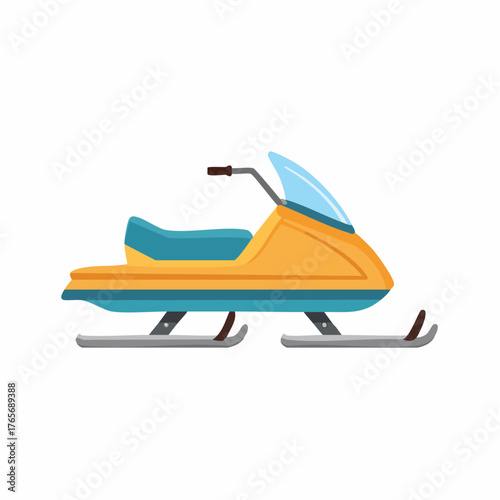 Orange and blue snowmobile flat illustration with sky blue windshield and silver skis on a white background