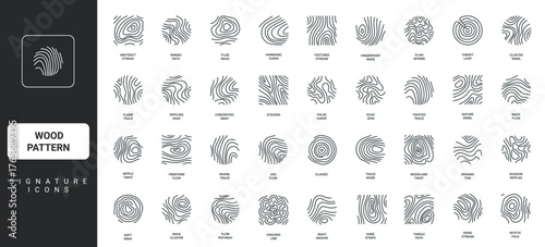 Wood pattern, annual rings of forest tree, wavy and curved lines of board or log cut icon set. Wooden texture, circle and square shape of topographic map thin black outline symbols vector illustration