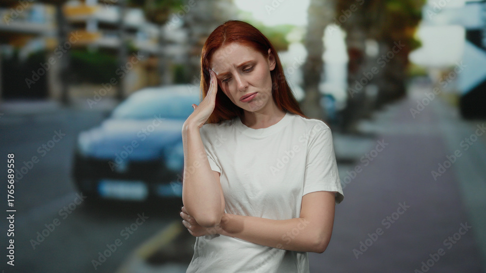 Fototapeta premium Woman standing on city street, redhead in white shirt, outdoors in urban setting, looking pensive, reflecting on life, with blurred car in background, daytime, emotional expression.
