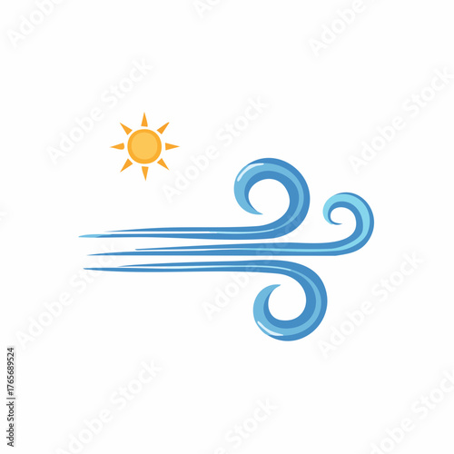 Stylized sun and swirling wind symbol indicating strong breeze and sunny weather
