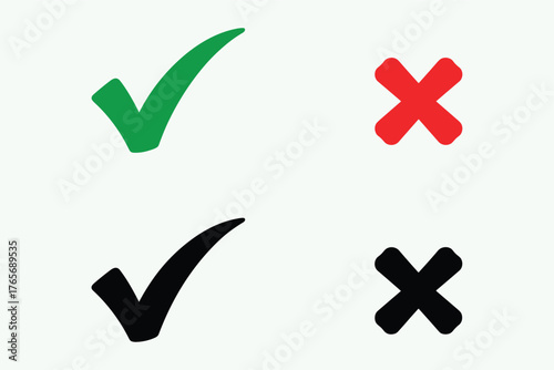Green check mark symbol and red x symbol icons for choices decision making and agreement