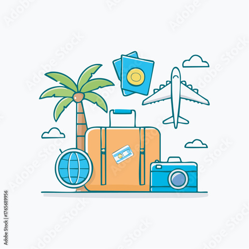 Adventure Essentials: A vibrant illustration showcasing the must-haves for a globetrotter's next adventure, including a suitcase, passport, camera and plane. 