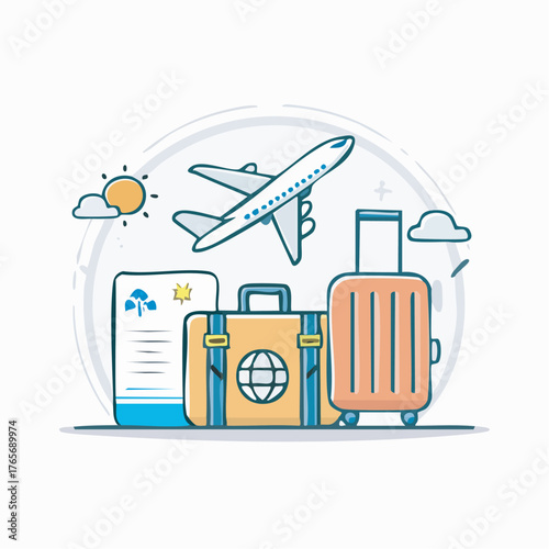 Adventure Awaits: Explore the world with a vibrant travel illustration, featuring luggage, a passport, and a soaring airplane against a bright sky, symbolizing the thrill of wanderlust.