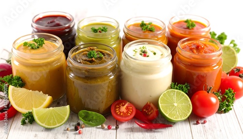 Diverse sauces in glass jars, garnished with herbs, arranged alongside fresh vegetables on a white wooden surface