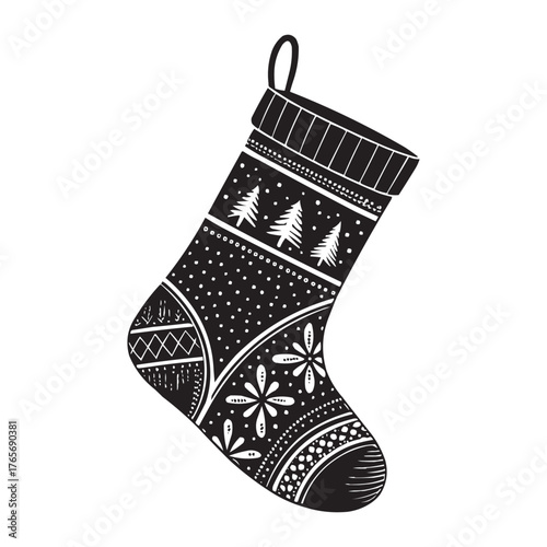 Black and White Christmas Stocking with Winter Decorations. Holiday Ornament Vector Design. Christmas stocking adorned with winter decorations, such as snowflakes