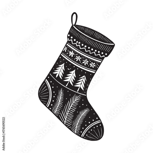 Black and White Christmas Stocking with Winter Decorations. Holiday Ornament Vector Design. Christmas stocking adorned with winter decorations, such as snowflakes