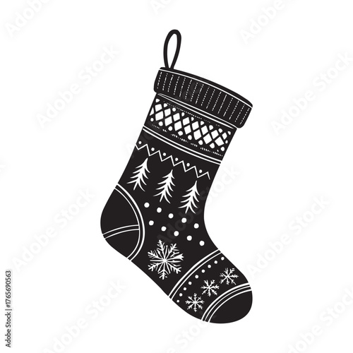 Black and White Christmas Stocking with Winter Decorations. Holiday Ornament Vector Design. Christmas stocking adorned with winter decorations, such as snowflakes