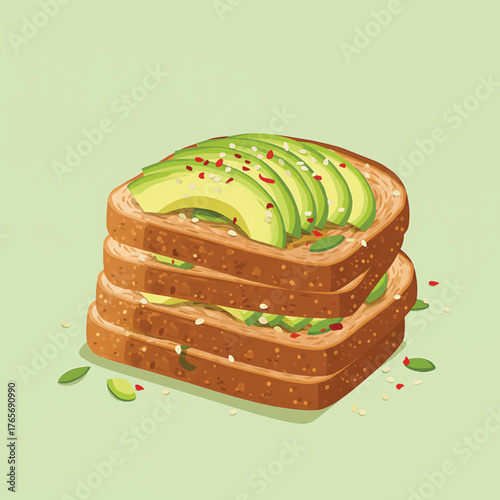 Illustration of toasted bread topped with sliced avocado and seeds on a light green background.