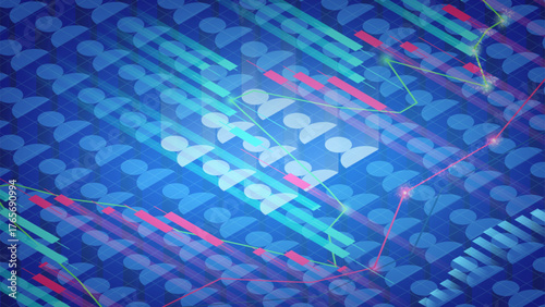Colorful abstract digital design with geometric patterns and data visualizations in blue tones
