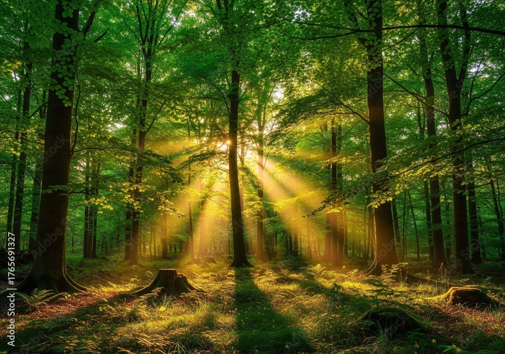 Fototapeta premium Sunbeams streaming through a lush green forest canopy, illuminating the woodland floor