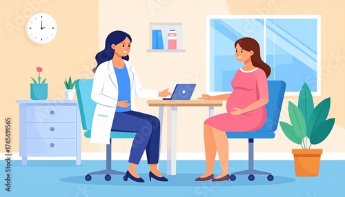 Pregnant woman visiting doctor — Flat Cartoon Vector Illustration