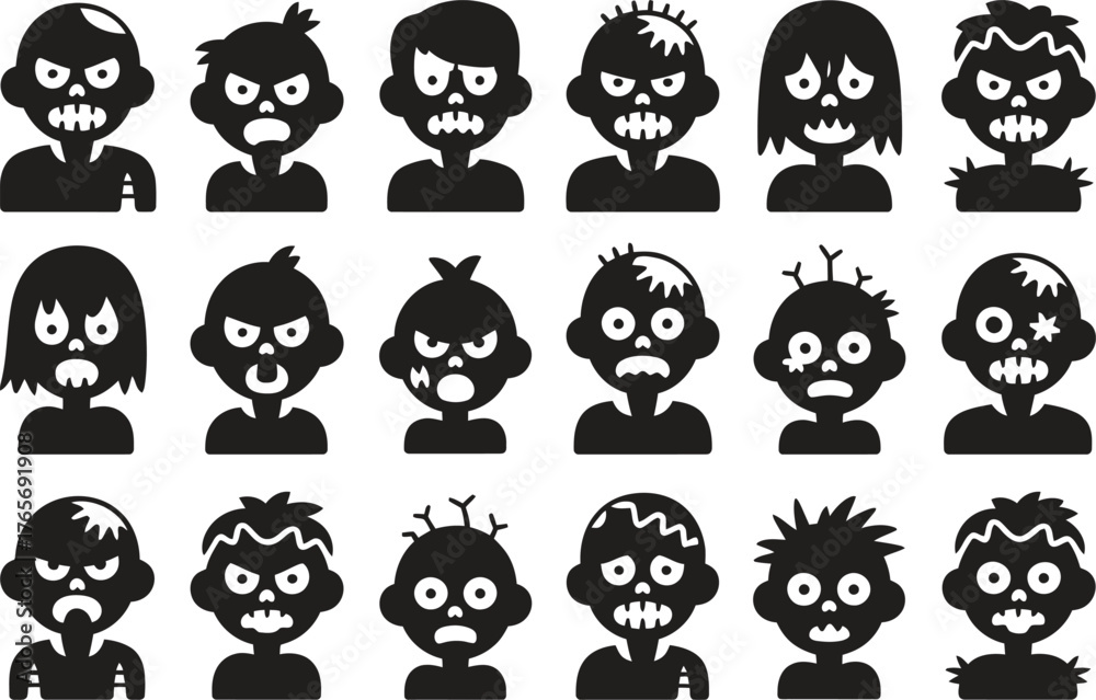 Fototapeta premium Zombie Faces Icon Set - Halloween Scary Vector Illustration Isolate on White Background 