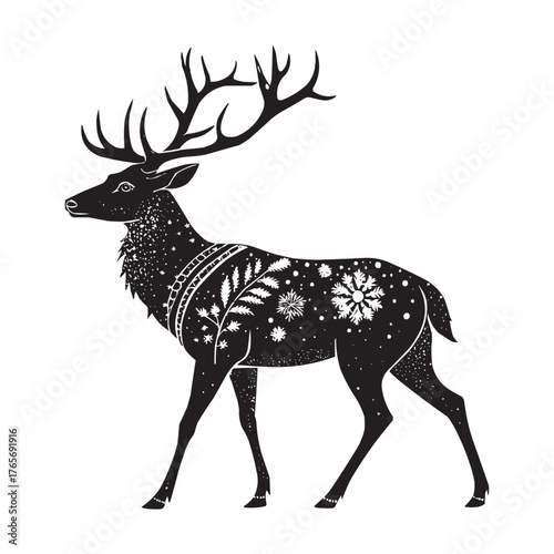 Christmas Reindeer Vector Illustration. Black and White Decorative Winter Deer Silhouette with Snowflakes. Elegant black and white Christmas reindeer vector illustration
