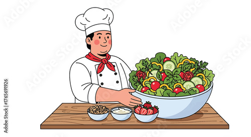 Illustration of a chef preparing a mixed salad with various ingredients on a wooden table