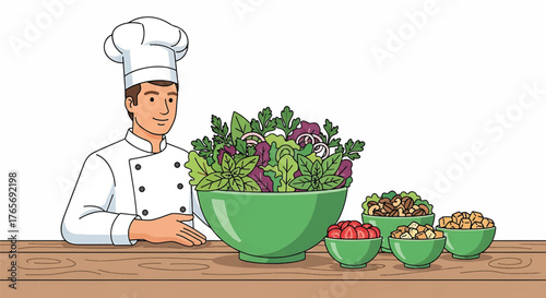 A cartoon chef presenting a large green bowl of mixed greens salad with various toppings on a wooden counter.